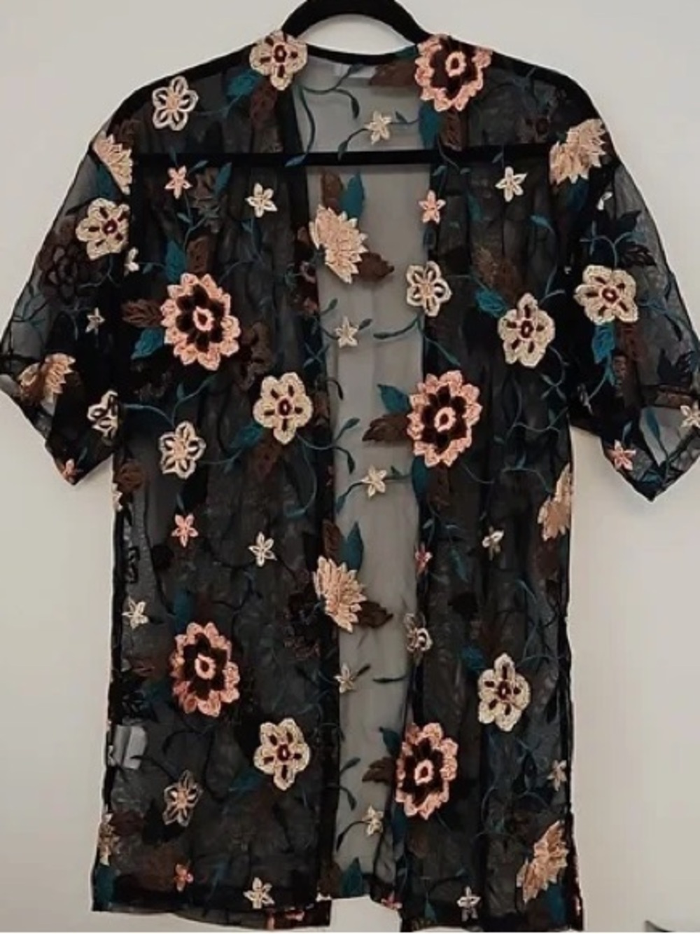 Sheer Black Floral Embroidered Kimono